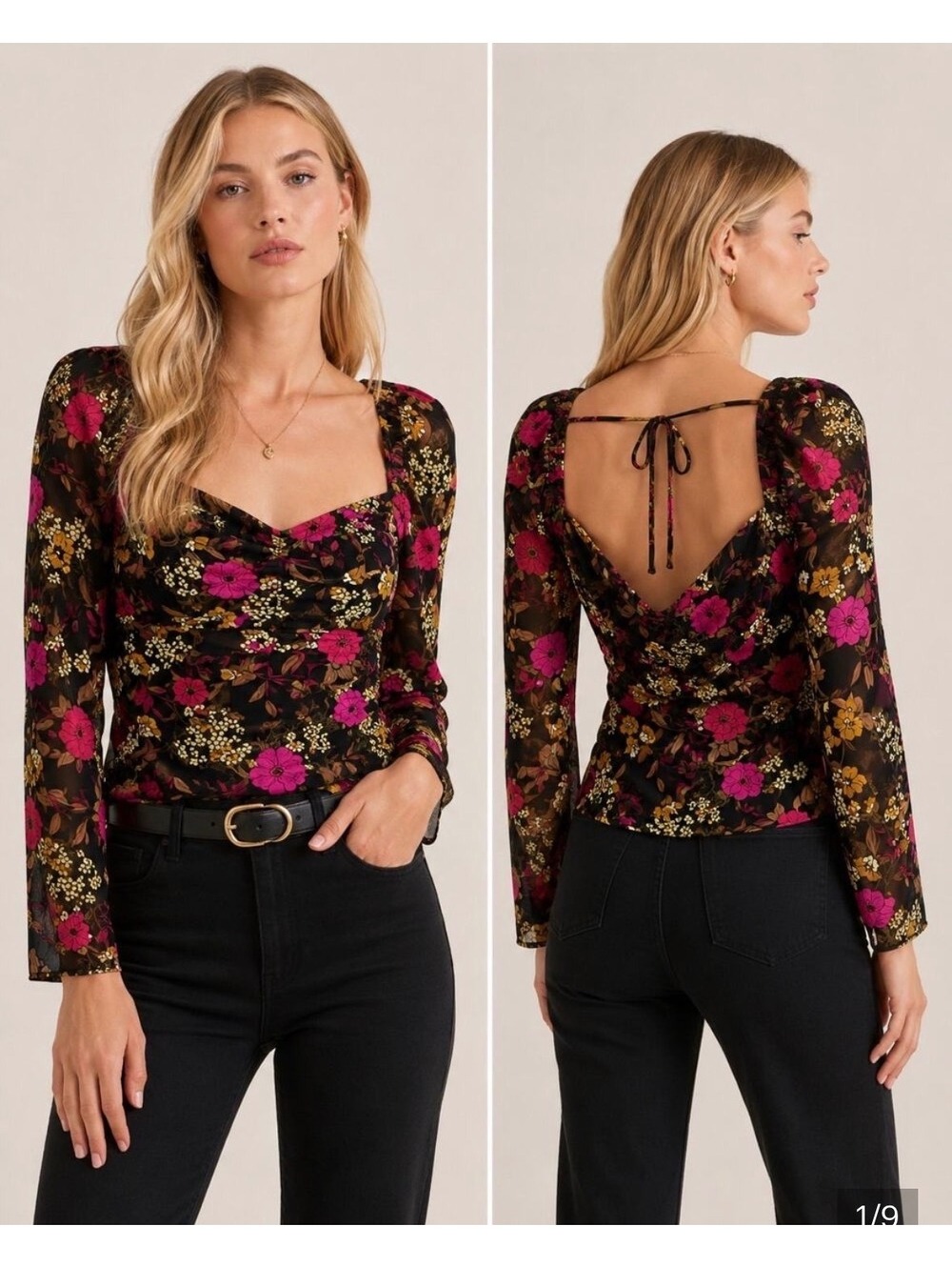 ASTR The Label Black Pink Floral Long Sleeve Blouse XS